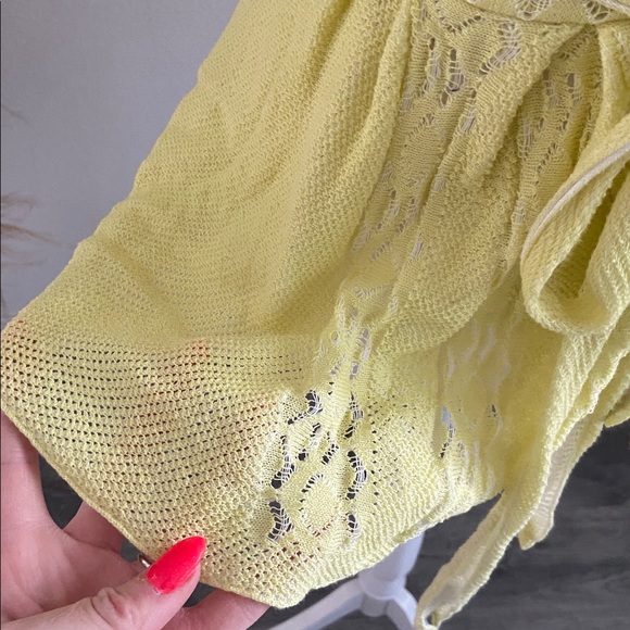 Anthropologie Knitted & Knotted yellow crochet tie front sweater shirt sleeve S - Picture 6 of 15